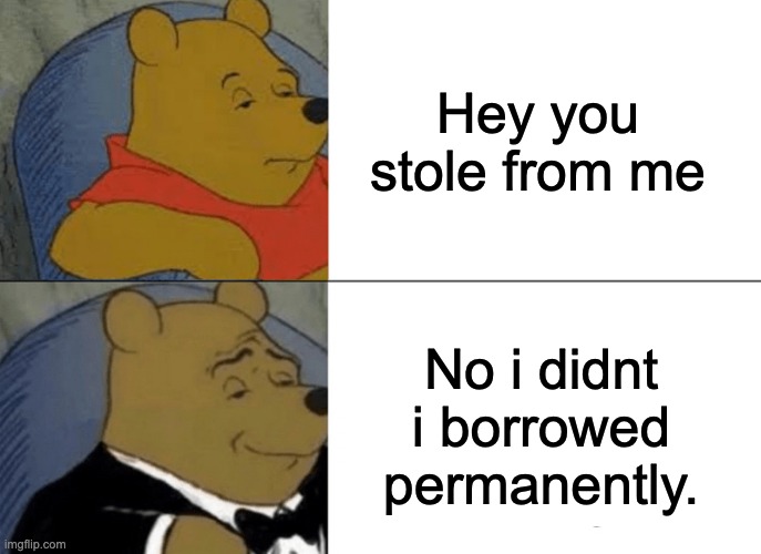 Borrowing permanently. | Hey you stole from me; No i didnt i borrowed permanently. | image tagged in memes,tuxedo winnie the pooh | made w/ Imgflip meme maker