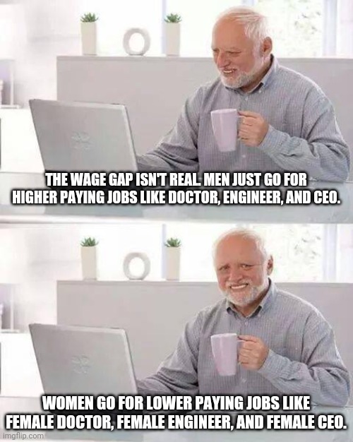 Hide the Pain Harold Meme | THE WAGE GAP ISN'T REAL. MEN JUST GO FOR HIGHER PAYING JOBS LIKE DOCTOR, ENGINEER, AND CEO. WOMEN GO FOR LOWER PAYING JOBS LIKE FEMALE DOCTOR, FEMALE ENGINEER, AND FEMALE CEO. | image tagged in memes,hide the pain harold | made w/ Imgflip meme maker