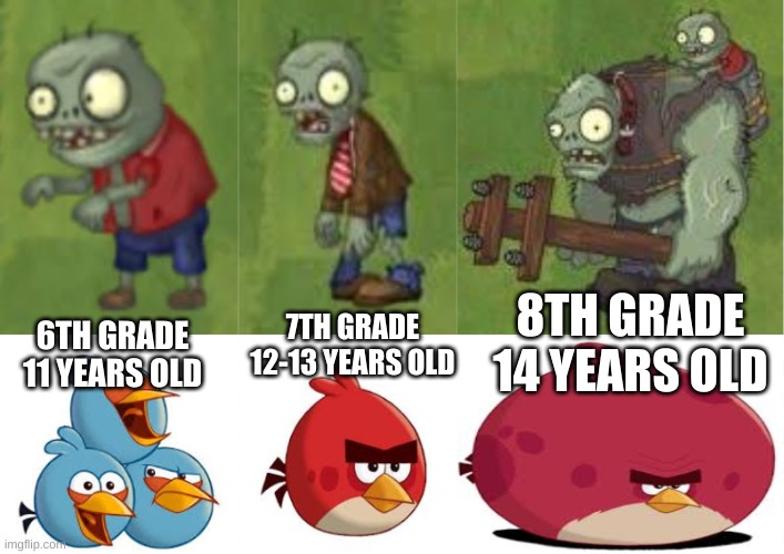 From dwarf 6th grade to giant 8th grade | 8TH GRADE
14 YEARS OLD; 7TH GRADE
12-13 YEARS OLD; 6TH GRADE
11 YEARS OLD | image tagged in pvz,angry birds,middle school,size comparison | made w/ Imgflip meme maker