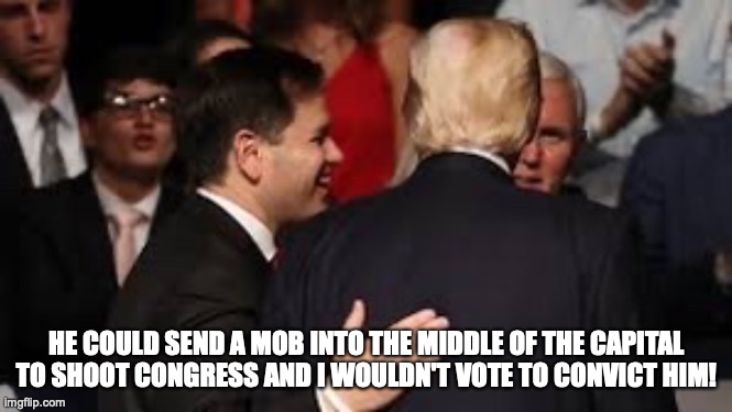 Marco Rubio declares that  Trump's impeachment trial is unconstitutional. | HE COULD SEND A MOB INTO THE MIDDLE OF THE CAPITAL TO SHOOT CONGRESS AND I WOULDN'T VOTE TO CONVICT HIM! | image tagged in marco rubio,donald trump,trump sycophant,spineless,ass kisser,trumps impeachment | made w/ Imgflip meme maker