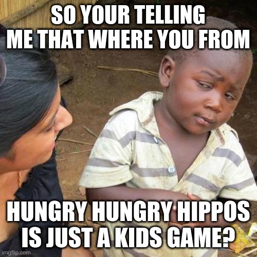 Are you drunk or something? | SO YOUR TELLING ME THAT WHERE YOU FROM; HUNGRY HUNGRY HIPPOS IS JUST A KIDS GAME? | image tagged in memes,third world skeptical kid | made w/ Imgflip meme maker