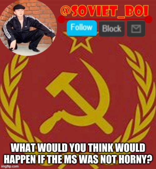 soviet boi | WHAT WOULD YOU THINK WOULD HAPPEN IF THE MS WAS NOT HORNY? | image tagged in soviet boi | made w/ Imgflip meme maker