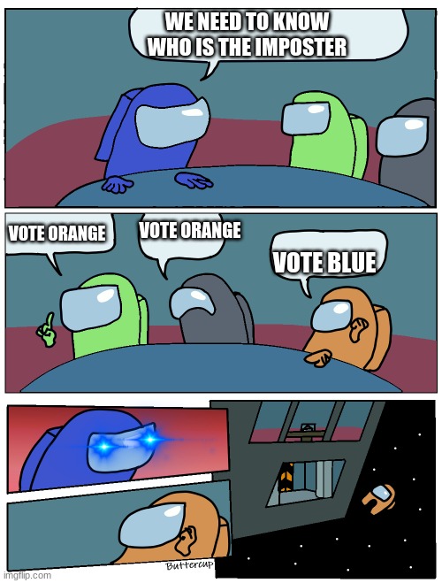 Among Us Meeting | WE NEED TO KNOW WHO IS THE IMPOSTER; VOTE ORANGE; VOTE ORANGE; VOTE BLUE | image tagged in among us meeting | made w/ Imgflip meme maker