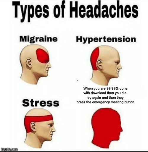 Types of Headaches meme | When you are 99.99% done with download then you die, try again and then they press the emergency meeting button | image tagged in types of headaches meme | made w/ Imgflip meme maker