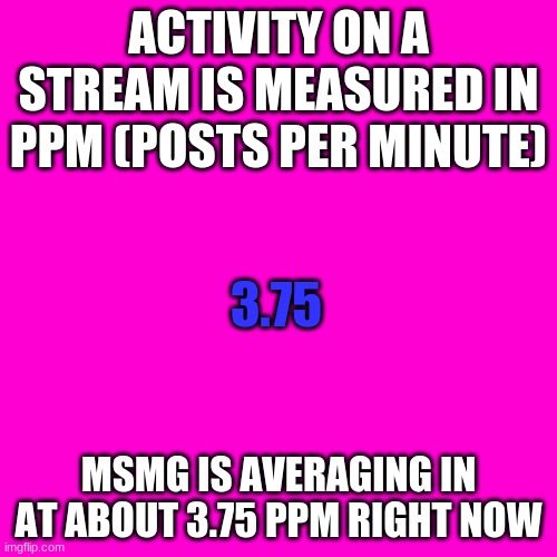 Blank Hot Pink Background | ACTIVITY ON A STREAM IS MEASURED IN PPM (POSTS PER MINUTE); 3.75; MSMG IS AVERAGING IN AT ABOUT 3.75 PPM RIGHT NOW | image tagged in funny,information | made w/ Imgflip meme maker