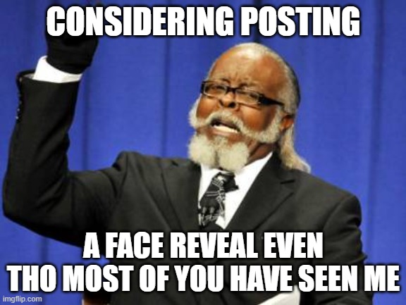 h m m | CONSIDERING POSTING; A FACE REVEAL EVEN THO MOST OF YOU HAVE SEEN ME | image tagged in memes,too damn high | made w/ Imgflip meme maker