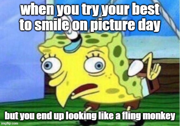 Mocking Spongebob Meme | when you try your best to smile on picture day; but you end up looking like a fling monkey | image tagged in memes | made w/ Imgflip meme maker