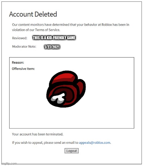 Terminated From Roblox Imgflip - 2021 roblox account terminated
