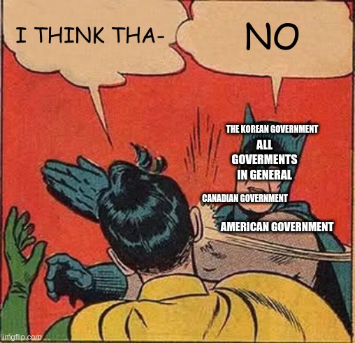 Government | I THINK THA-; NO; THE KOREAN GOVERNMENT; ALL GOVERMENTS IN GENERAL; CANADIAN GOVERNMENT; AMERICAN GOVERNMENT | image tagged in memes,batman slapping robin | made w/ Imgflip meme maker