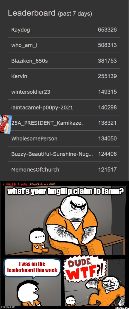 them's some numbers |  what's your Imgflip claim to fame? I was on the leaderboard this week | image tagged in crazy leaderboard 1/27/21,srgrafo dude wtf,leaderboard,imgflip trends,imgflip points,meanwhile on imgflip | made w/ Imgflip meme maker