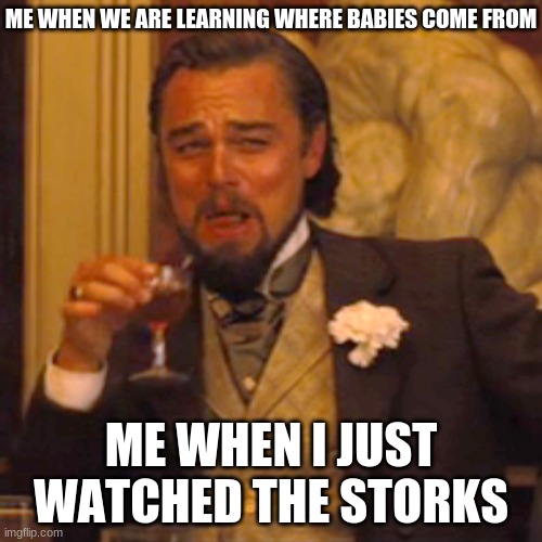 Laughing Leo | ME WHEN WE ARE LEARNING WHERE BABIES COME FROM; ME WHEN I JUST WATCHED THE STORKS | image tagged in memes,laughing leo | made w/ Imgflip meme maker