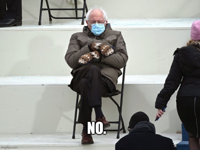 Bernie Sanders Mittens | NO. | image tagged in bernie sanders mittens | made w/ Imgflip meme maker