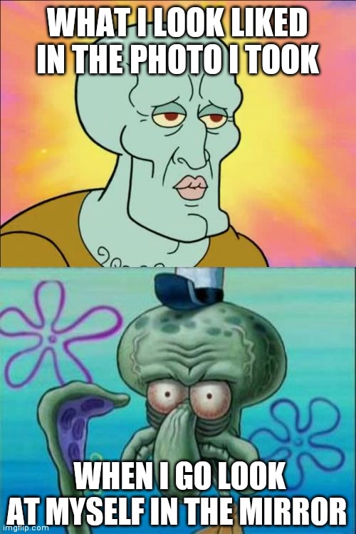 Squidward Meme | WHAT I LOOK LIKED IN THE PHOTO I TOOK; WHEN I GO LOOK AT MYSELF IN THE MIRROR | image tagged in memes,squidward | made w/ Imgflip meme maker