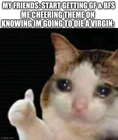 :( | ME CHEERING THEME ON KNOWING IM GOING TO DIE A VIRGIN:; MY FRIENDS: START GETTING GF & BFS | image tagged in sad thumbs up cat | made w/ Imgflip meme maker