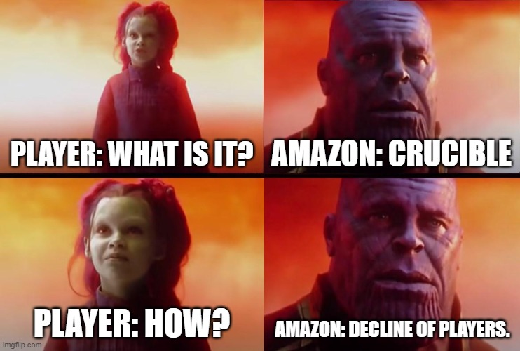 thanos what did it cost | PLAYER: WHAT IS IT? AMAZON: CRUCIBLE; PLAYER: HOW? AMAZON: DECLINE OF PLAYERS. | image tagged in thanos what did it cost | made w/ Imgflip meme maker