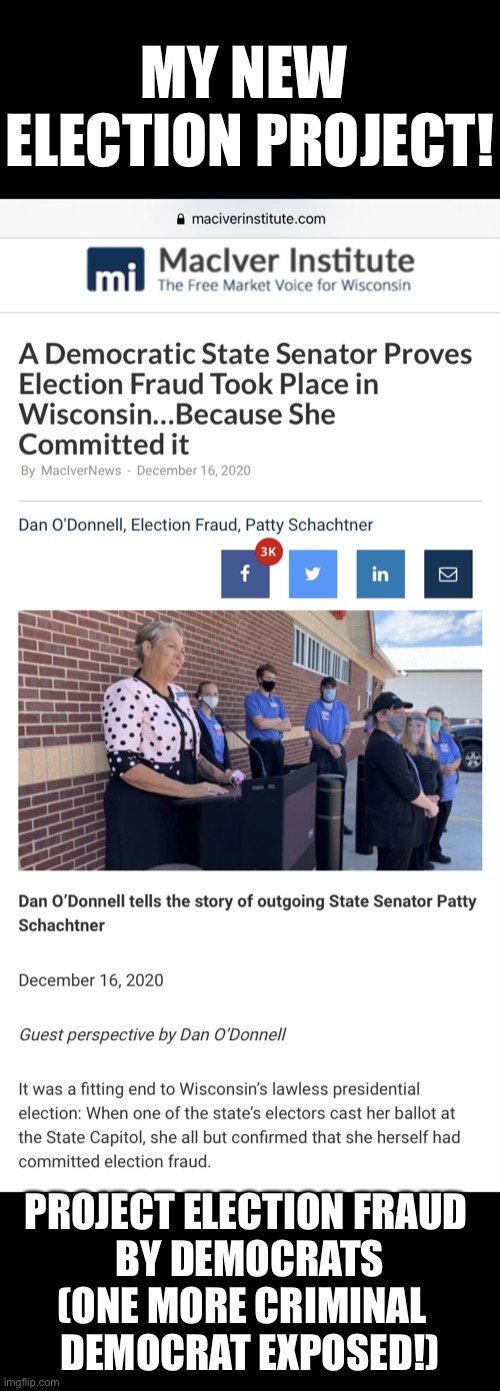 State Senator Patty Schachtner (Democrat Party) committed Election 2020 fraud! No evidence of Election 2020 fraud by Democrats, | MY NEW 
ELECTION PROJECT! PROJECT ELECTION FRAUD 
BY DEMOCRATS
(ONE MORE CRIMINAL  
DEMOCRAT EXPOSED!) | image tagged in election 2020,election fraud,voter fraud,government corruption,democrat party,criminals | made w/ Imgflip meme maker