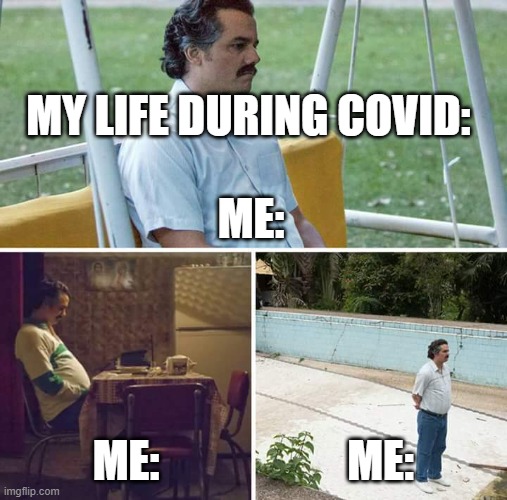 Sad Pablo Escobar Meme | MY LIFE DURING COVID:; ME:; ME:; ME: | image tagged in memes,sad pablo escobar | made w/ Imgflip meme maker