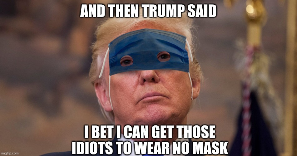 Trump Mask | AND THEN TRUMP SAID I BET I CAN GET THOSE IDIOTS TO WEAR NO MASK | image tagged in trump mask | made w/ Imgflip meme maker