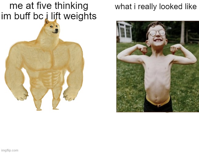 sports now its sports | me at five thinking im buff bc i lift weights; what i really looked like | image tagged in memes,buff doge vs cheems | made w/ Imgflip meme maker