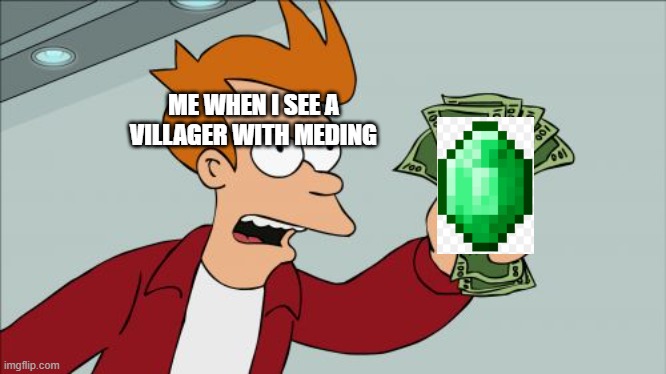 Shut Up And Take My Money Fry | ME WHEN I SEE A VILLAGER WITH MEDING | image tagged in memes,shut up and take my money fry | made w/ Imgflip meme maker