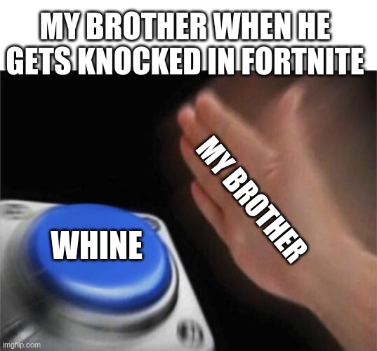 playing fortnite with my bro be like | MY BROTHER WHEN HE GETS KNOCKED IN FORTNITE; MY BROTHER; WHINE | image tagged in memes,blank nut button | made w/ Imgflip meme maker