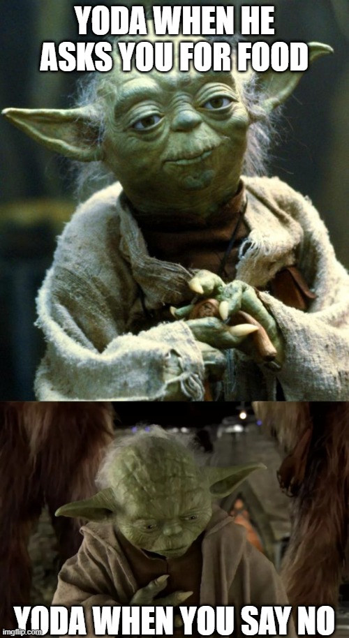 YODA WHEN HE ASKS YOU FOR FOOD; YODA WHEN YOU SAY NO | image tagged in memes,star wars yoda | made w/ Imgflip meme maker