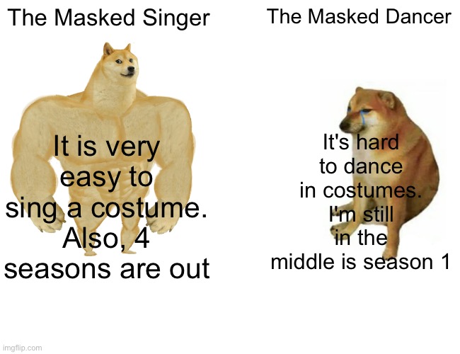 Sing vs. Dance | The Masked Singer; The Masked Dancer; It is very easy to sing a costume. Also, 4 seasons are out; It's hard to dance in costumes. I'm still in the middle is season 1 | image tagged in memes,buff doge vs cheems | made w/ Imgflip meme maker