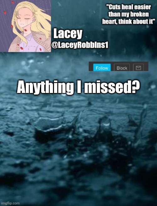 Lacey announcement template | Anything I missed? | image tagged in lacey announcement template | made w/ Imgflip meme maker