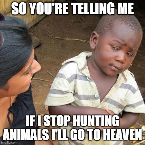 But killing animals is in the bible | SO YOU'RE TELLING ME; IF I STOP HUNTING ANIMALS I'LL GO TO HEAVEN | image tagged in memes,third world skeptical kid | made w/ Imgflip meme maker