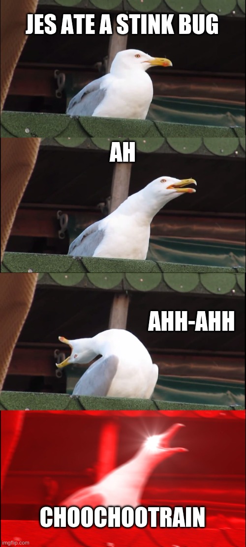 Inhaling Seagull | JES ATE A STINK BUG; AH; AHH-AHH; CHOOCHOOTRAIN | image tagged in memes,inhaling seagull | made w/ Imgflip meme maker