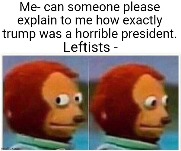 Monkey Puppet | Me- can someone please explain to me how exactly trump was a horrible president. Leftists - | image tagged in memes,monkey puppet | made w/ Imgflip meme maker
