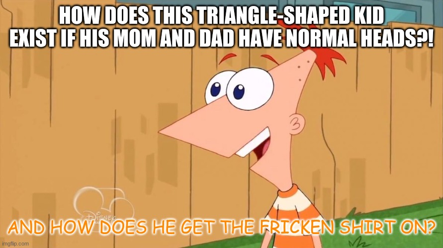Yes Phineas | HOW DOES THIS TRIANGLE-SHAPED KID EXIST IF HIS MOM AND DAD HAVE NORMAL HEADS?! AND HOW DOES HE GET THE FRICKEN SHIRT ON? | image tagged in yes phineas | made w/ Imgflip meme maker