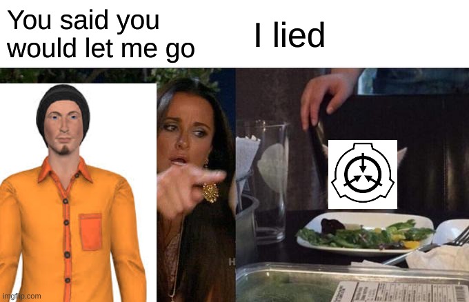 D-class End of Month Terminations | You said you would let me go; I lied | image tagged in memes,woman yelling at cat,scp,scp meme | made w/ Imgflip meme maker