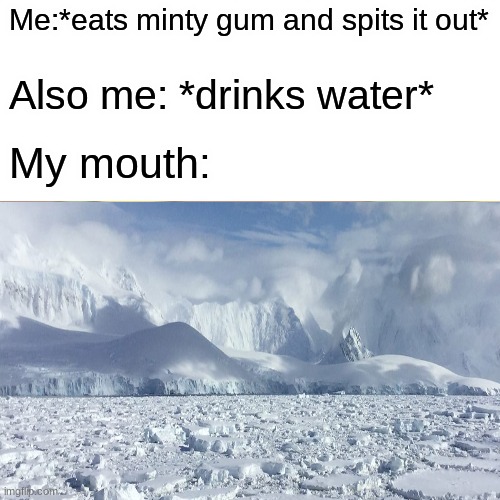 Me:*eats minty gum and spits it out*; Also me: *drinks water*; My mouth: | image tagged in frozen | made w/ Imgflip meme maker