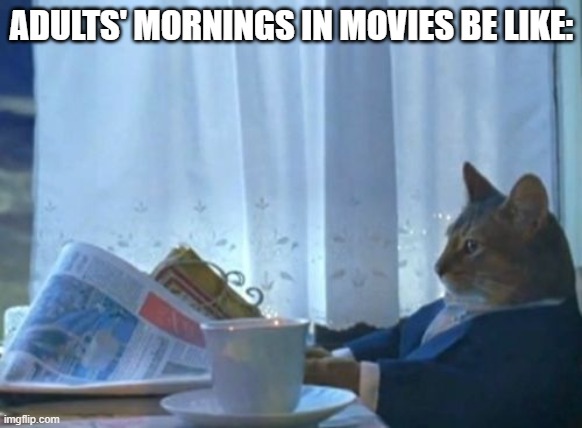 I Should Buy A Boat Cat | ADULTS' MORNINGS IN MOVIES BE LIKE: | image tagged in memes,i should buy a boat cat | made w/ Imgflip meme maker