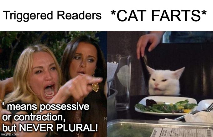 Woman Yelling At Cat Meme | Triggered Readers *CAT FARTS* ' means possessive or contraction, but NEVER PLURAL! | image tagged in memes,woman yelling at cat | made w/ Imgflip meme maker
