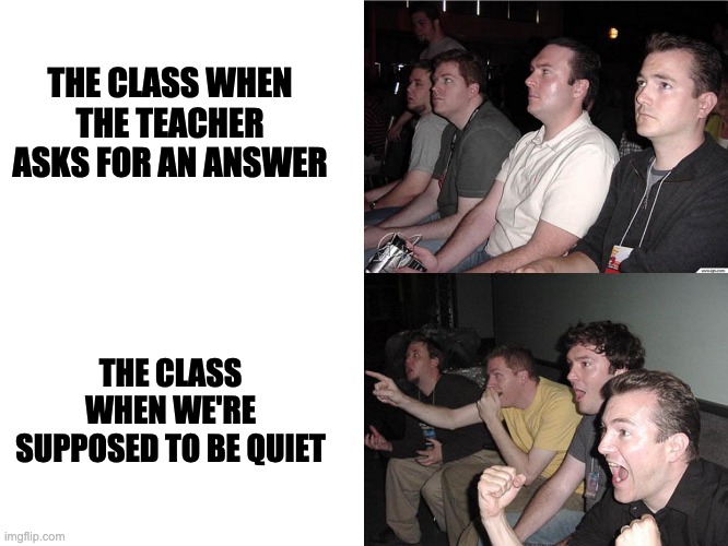 Does this happen in your class too? | THE CLASS WHEN THE TEACHER ASKS FOR AN ANSWER; THE CLASS WHEN WE'RE SUPPOSED TO BE QUIET | image tagged in reaction guys | made w/ Imgflip meme maker