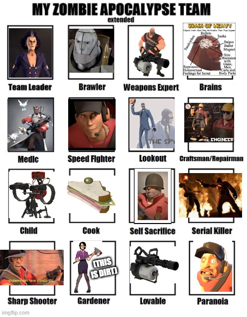 THIS IS MY TEAM BITCH | (THIS IS DIRT) | image tagged in tf2,my zombie apocalypse team,my team | made w/ Imgflip meme maker