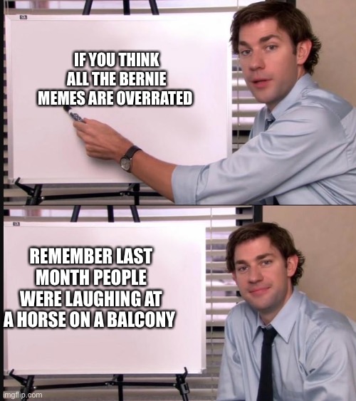 Are Bernie memes overrated? So... | IF YOU THINK ALL THE BERNIE MEMES ARE OVERRATED; REMEMBER LAST MONTH PEOPLE WERE LAUGHING AT A HORSE ON A BALCONY | image tagged in jim halpert pointing to whiteboard,bernie sanders | made w/ Imgflip meme maker