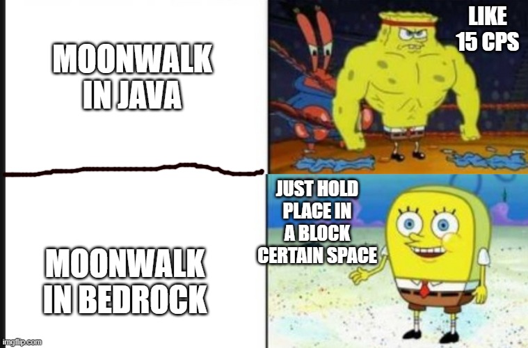 Strong VS Weak Spongebob | LIKE 15 CPS; MOONWALK IN JAVA; JUST HOLD PLACE IN A BLOCK CERTAIN SPACE; MOONWALK IN BEDROCK | image tagged in strong vs weak spongebob,minecraft,bridge,moonwalk | made w/ Imgflip meme maker
