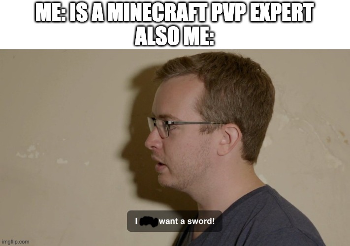 Swords are not bad | ME: IS A MINECRAFT PVP EXPERT
ALSO ME: | image tagged in i also want a sword | made w/ Imgflip meme maker