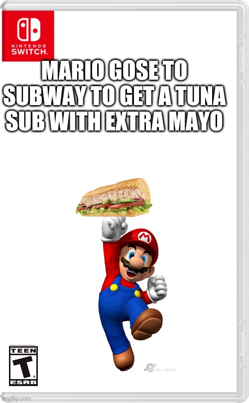 Hay Mario fans wear gonna be raded teen | MARIO GOSE TO SUBWAY TO GET A TUNA SUB WITH EXTRA MAYO | image tagged in nintendo switch cartridge case | made w/ Imgflip meme maker