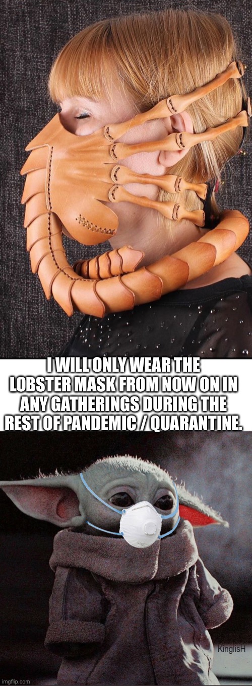I'll take your entire stock |  I WILL ONLY WEAR THE LOBSTER MASK FROM NOW ON IN ANY GATHERINGS DURING THE REST OF PANDEMIC / QUARANTINE. | image tagged in coronavirus baby yoda,coronavirus,pandemic,mask,face mask,wear a mask | made w/ Imgflip meme maker