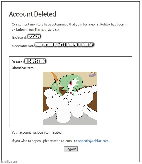 banned from ROBLOX | 2/25/20 FOOT FETISH IS NOT ALLOWED IN ROBLOX! DISGUSTING | image tagged in banned from roblox | made w/ Imgflip meme maker
