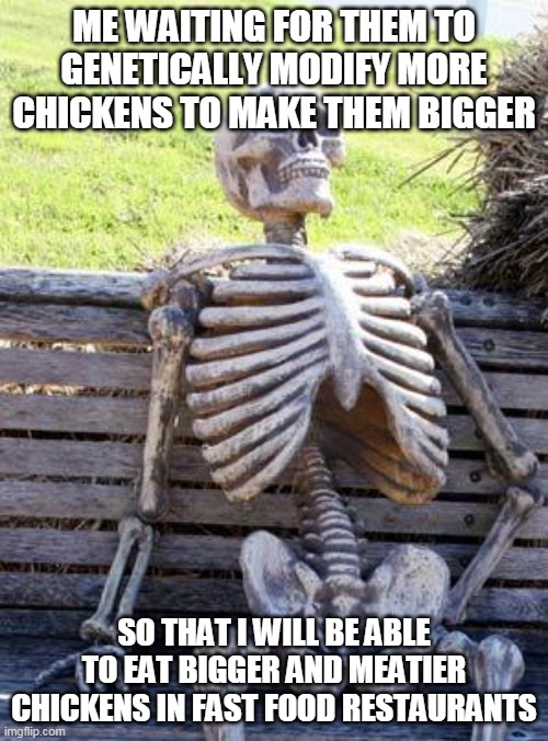 Waiting Skeleton Meme | ME WAITING FOR THEM TO GENETICALLY MODIFY MORE CHICKENS TO MAKE THEM BIGGER; SO THAT I WILL BE ABLE TO EAT BIGGER AND MEATIER CHICKENS IN FAST FOOD RESTAURANTS | image tagged in memes,waiting skeleton | made w/ Imgflip meme maker