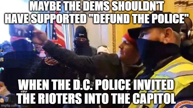 Capitol Cop Selfie | MAYBE THE DEMS SHOULDN'T HAVE SUPPORTED "DEFUND THE POLICE"; WHEN THE D.C. POLICE INVITED THE RIOTERS INTO THE CAPITOL | image tagged in capitol cop selfie | made w/ Imgflip meme maker