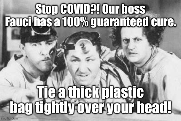 Fauci’s research team finds way to prevent COVID-19 deaths | Stop COVID?! Our boss Fauci has a 100% guaranteed cure. Tie a thick plastic bag tightly over your head! | image tagged in doctor stooges,covid19,plastic bag,head,double masks,dr fauci | made w/ Imgflip meme maker