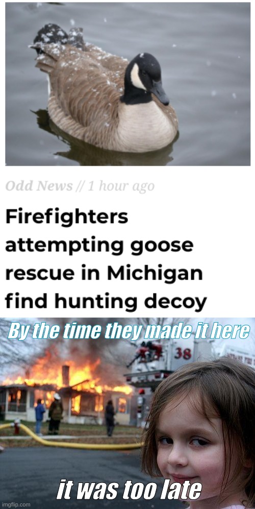 Dat one realistic decoy | By the time they made it here; it was too late | image tagged in memes,disaster girl | made w/ Imgflip meme maker