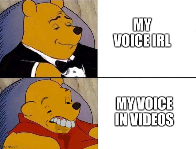 ah | MY VOICE IRL; MY VOICE IN VIDEOS | image tagged in tuxedo winnie the pooh grossed reverse | made w/ Imgflip meme maker