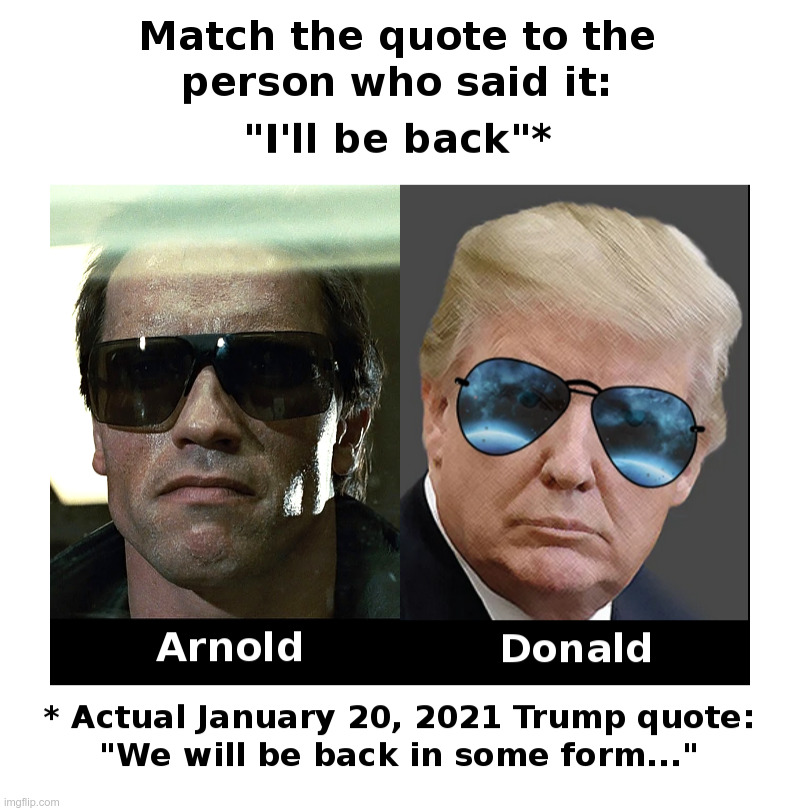 Match The Quote To The Person Who Said It | image tagged in arnold,the donald,i'll be back,trump,trump 2024 | made w/ Imgflip meme maker